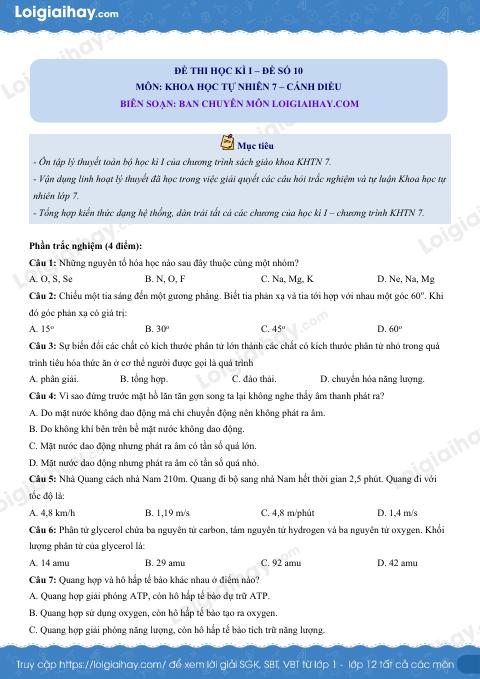 Đề thi học kì 1 KHTN 7 Cánh diều - Đề số 10